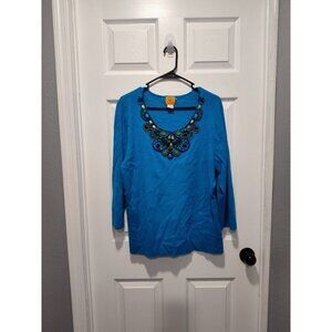 Ruby Rd Top Women 2X Petite Blue‎ Embellished Beaded Sweater Bohemian Stretch